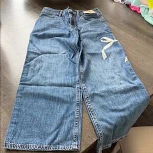 Women's Blue Denim Wide-Leg Jeans with Embroidered Bow